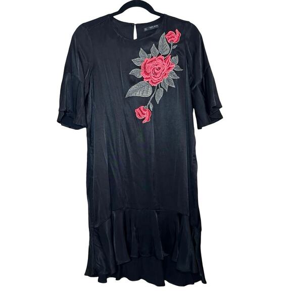 Zara Women’s Rose Embroidered Satin Knee Length Dress Black Size Small - Picture 2 of 9